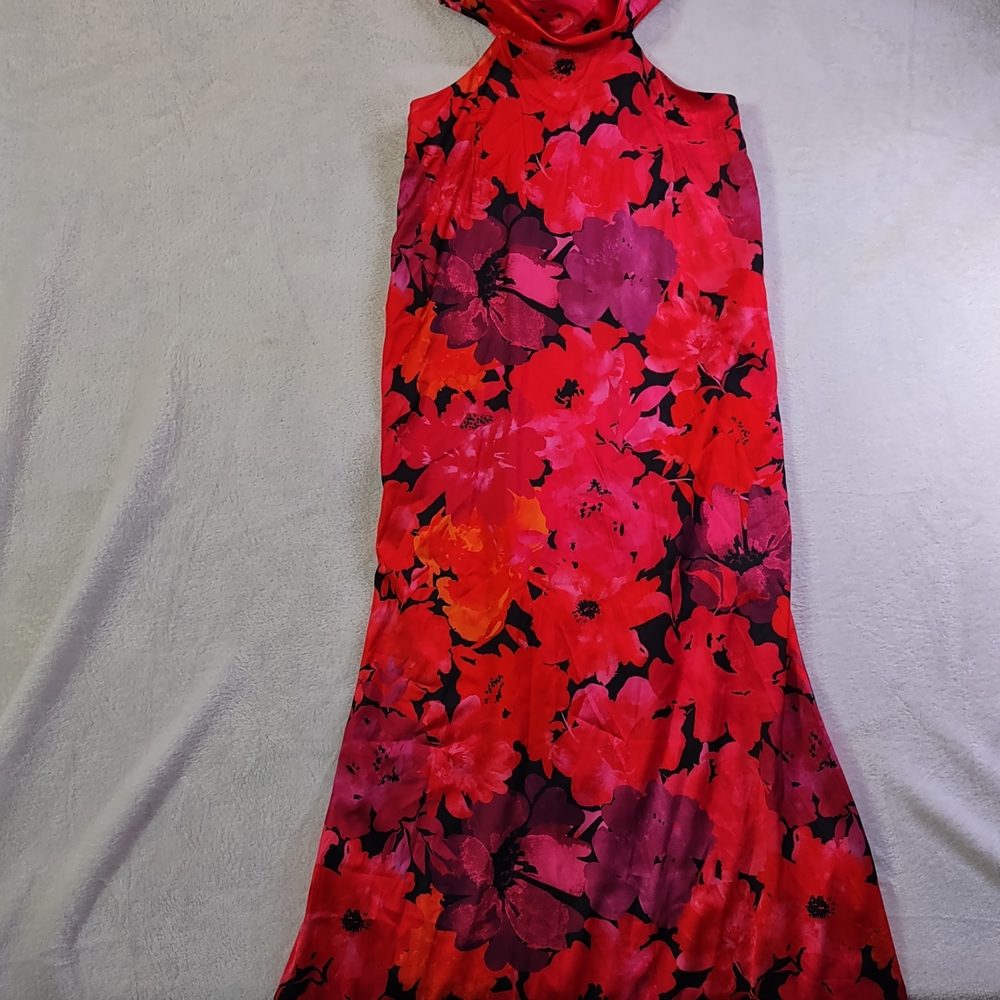 SHEIN Red and Purple Floral Maxi Dress, Open Sides And Back, Silky Like Material